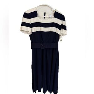 Vintage Oberon Women’s Navy Striped Linen Belted Long Dress with Pockets Size 10